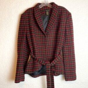 GRACE DANE LEWIS SIZE 14 HOUNDSTOOTH BELTED LINED VTG BLAZER RED/BLK/BROWN